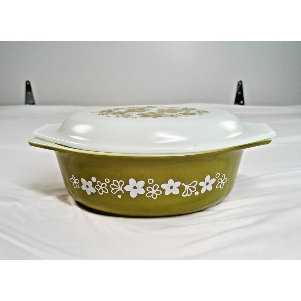 Vtg Olive Green Spring Blossom Pyrex Casserole Dish & Lid 1.5 Qt 043 Crazy Daisy - Picture 3 of 8